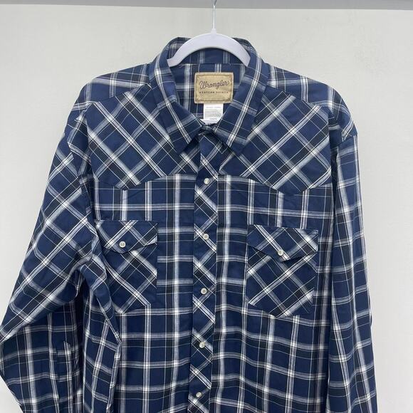 Wrangler Pearl Snap Western Shirt Mens 2XL Big Blue White Plaid Long Sleeve - Picture 3 of 6